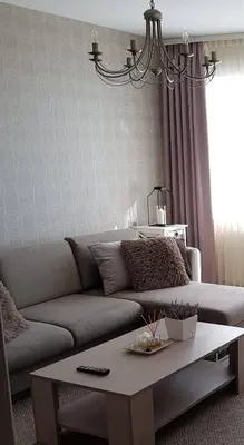 a living room with a couch and a coffee table at Apartamentai Centras in Šiauliai