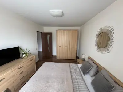 a bedroom with a bed and a tv and a mirror at Apartamentai Dainų in Šiauliai