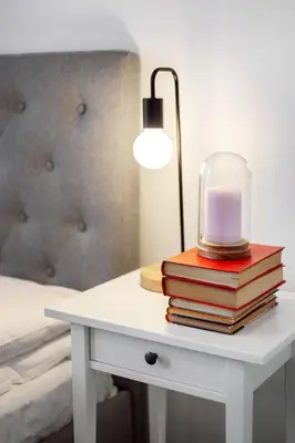 a table with a lamp and a pile of books at Kaunas Garden in Kaunas