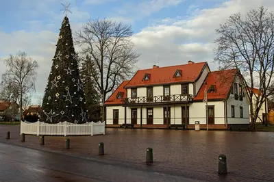 a christmas tree in front of a building at Centro apartamentai in Birštonas