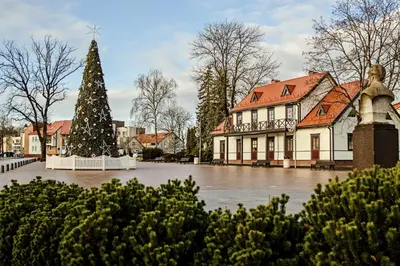 a christmas tree in the middle of a courtyard at Centro apartamentai in Birštonas