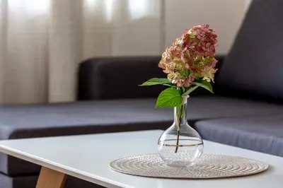 a vase with a flower in it on a table at Violetos Lux Apartamentai2 in Druskininkai