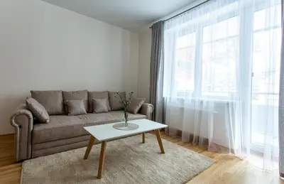 a living room with a couch and a table at Violetos Lux Apartamentai2 in Druskininkai