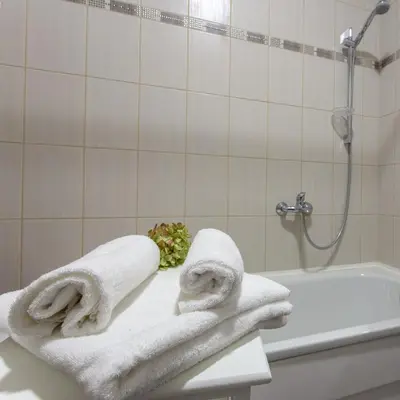 a bathroom with towels on a counter next to a bath tub at Violetos Lux Apartamentai2 in Druskininkai