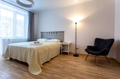 a bedroom with a bed and a chair and a lamp at Violetos Lux Apartamentai2 in Druskininkai