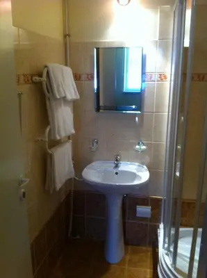 a bathroom with a sink and a mirror and a shower at Guest House Guba in Molėtai