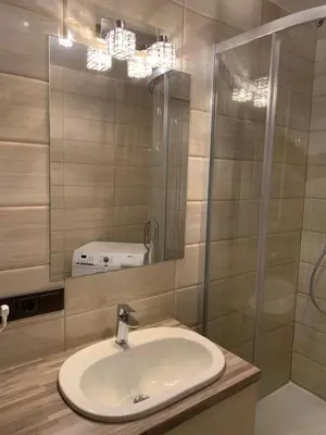 a bathroom with a sink and a shower at Near Station Apartment in Vilnius