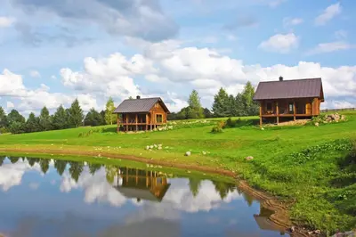 two houses on a hill next to a lake at Vip Forest dreams villa in Anykščiai