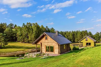 a wooden house on a grassy hill with trees at Vip Forest dreams villa in Anykščiai
