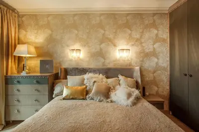 a bedroom with a bed with a blue dresser and lamps at Luxury, comfort & quiet place next to Cathedral in Vilnius