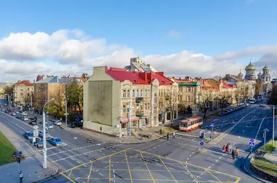 an aerial view of a city with a street at City View Apartment 57 in Vilnius