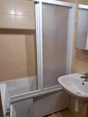 a bathroom with a sink and a toilet and a bath tub at Welcoming apartment in Anykščiai