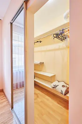 a walk in closet with shelves and a sliding glass door at Kurpių gatvė in Kaunas