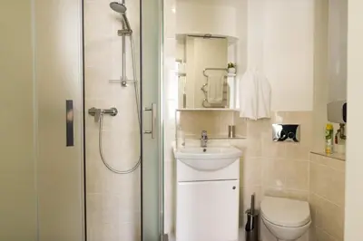 a bathroom with a shower and a toilet and a sink at Eliksyras Apartment in Vilnius