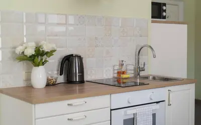 a kitchen counter with a sink and a vase of flowers at Eliksyras Apartment in Vilnius