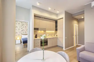 a kitchen and living room with a table and chairs at Asian Magnolia Boutique Apartments in Druskininkai