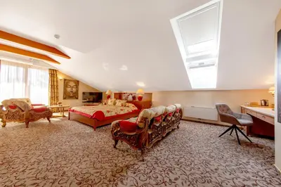 a large bedroom with a bed and a skylight at Pažaislis Park Hotel in Kaunas
