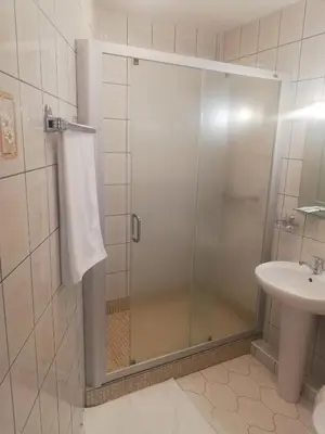 a shower with a glass door next to a sink at Hotel Senas Namas in Alytus