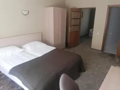 a bedroom with a bed and a chair in it at Hotel Senas Namas in Alytus