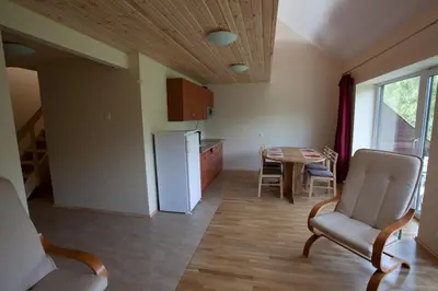 a kitchen and dining room with a table and a refrigerator at Love Island 2 in Druskininkai
