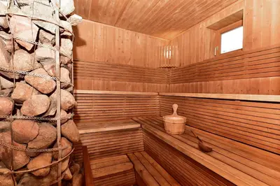 a sauna with wooden floors and a rock wall at Holiday Homes Eliza in Druskininkai
