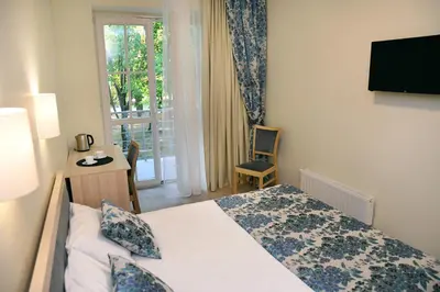 a bedroom with a bed and a window and a television at Sanatorija ,,Tulpės