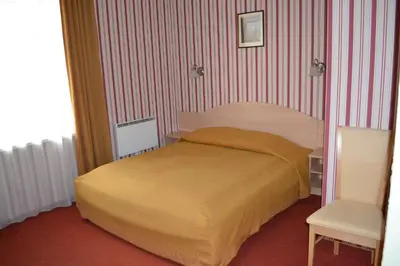 a bedroom with a bed and a striped wall at Vila Evelina in Druskininkai