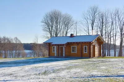 a small wooden house on a field with trees at Mekų vila in Degučiai