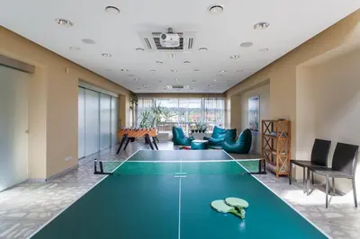 a conference room with a ping pong table at Mineraliniai Apartamentai in Druskininkai