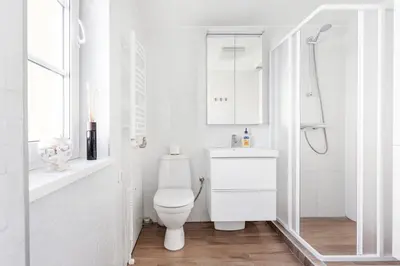 a white bathroom with a toilet and a shower at 3 Bedroom Apartment 24h self check in, free parking, Ac, fireplace in Vilnius