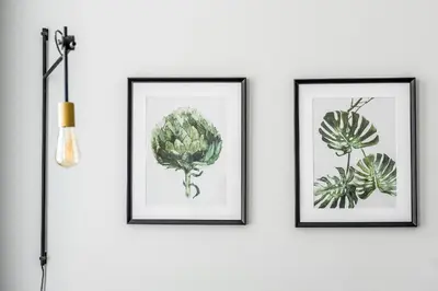 three framed pictures of plants on a white wall at City Center apartment by URBAN RENT in Vilnius
