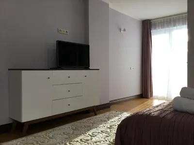 a bedroom with a dresser with a television on it at Radvi House in Druskininkai