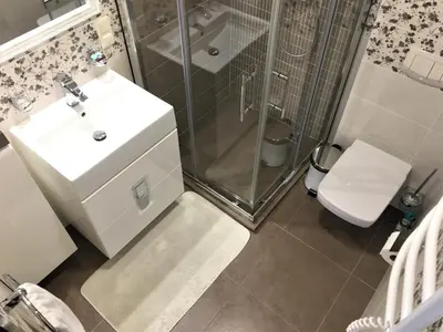 a bathroom with a sink and a shower and a toilet at Radvi House in Druskininkai