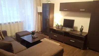 a living room with a couch and a flat screen tv at Apartamentai Dainų II in Šiauliai