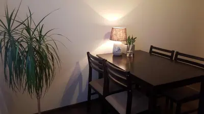 a dining room table with a lamp and a plant at Apartamentai Dainų II in Šiauliai