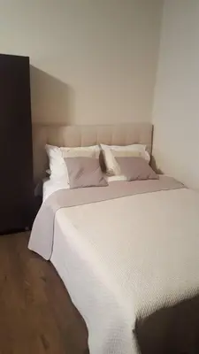 a large bed with white sheets and pink pillows at Apartamentai Dainų II in Šiauliai