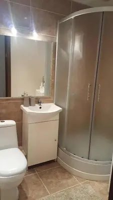 a bathroom with a shower and a toilet and a sink at Apartamentai Dainų II in Šiauliai
