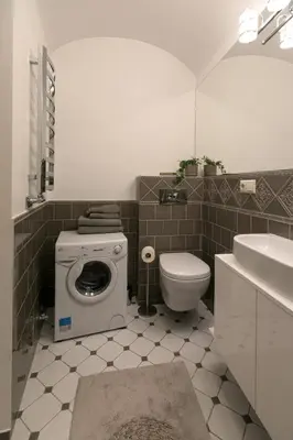 a bathroom with a washing machine and a toilet at Luxury apartment in Pilies street in Vilnius