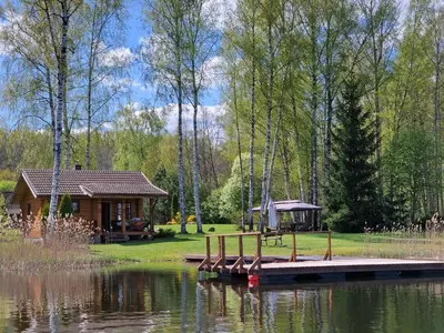 a log cabin next to a lake with a dock at Aido ir Vido sodyba in Utena