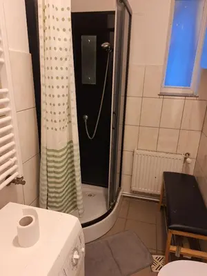 a small bathroom with a shower and a toilet at Kambario nuoma su bendru vonios kambariu in Kaunas