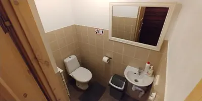 a small bathroom with a toilet and a sink at Antanelio Sapnas in Pabradė