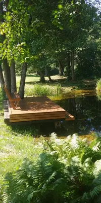 a wooden dock in the middle of a pond at Antanelio Sapnas in Pabradė