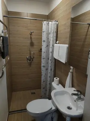 a bathroom with a white toilet and a sink at Old Slabada Apartments in Kaunas