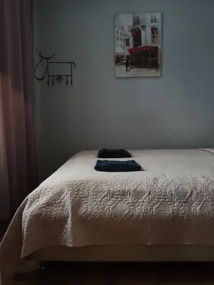 a bed in a bedroom with a picture on the wall at Old Slabada Apartments in Kaunas