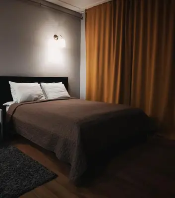 a bedroom with a bed and a curtain and a lamp at Old Slabada Apartments in Kaunas