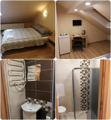 a collage of three pictures of a bedroom and a bathroom at Viešbutis Kelyje in Utena
