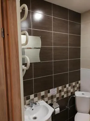 a bathroom with a sink and a toilet at Viešbutis Kelyje in Utena