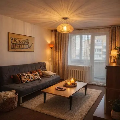 a living room with a couch and a coffee table at Giedres Taikos Apartments in Kaunas