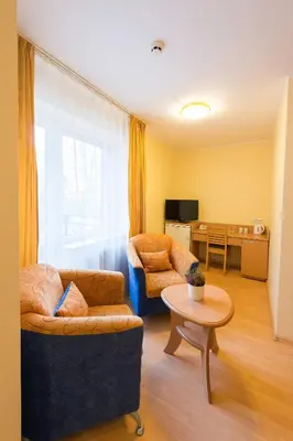 a living room with a couch and a table at Hotel Vita in Druskininkai