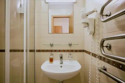 a bathroom with a sink and a mirror at Hotel Vita in Druskininkai